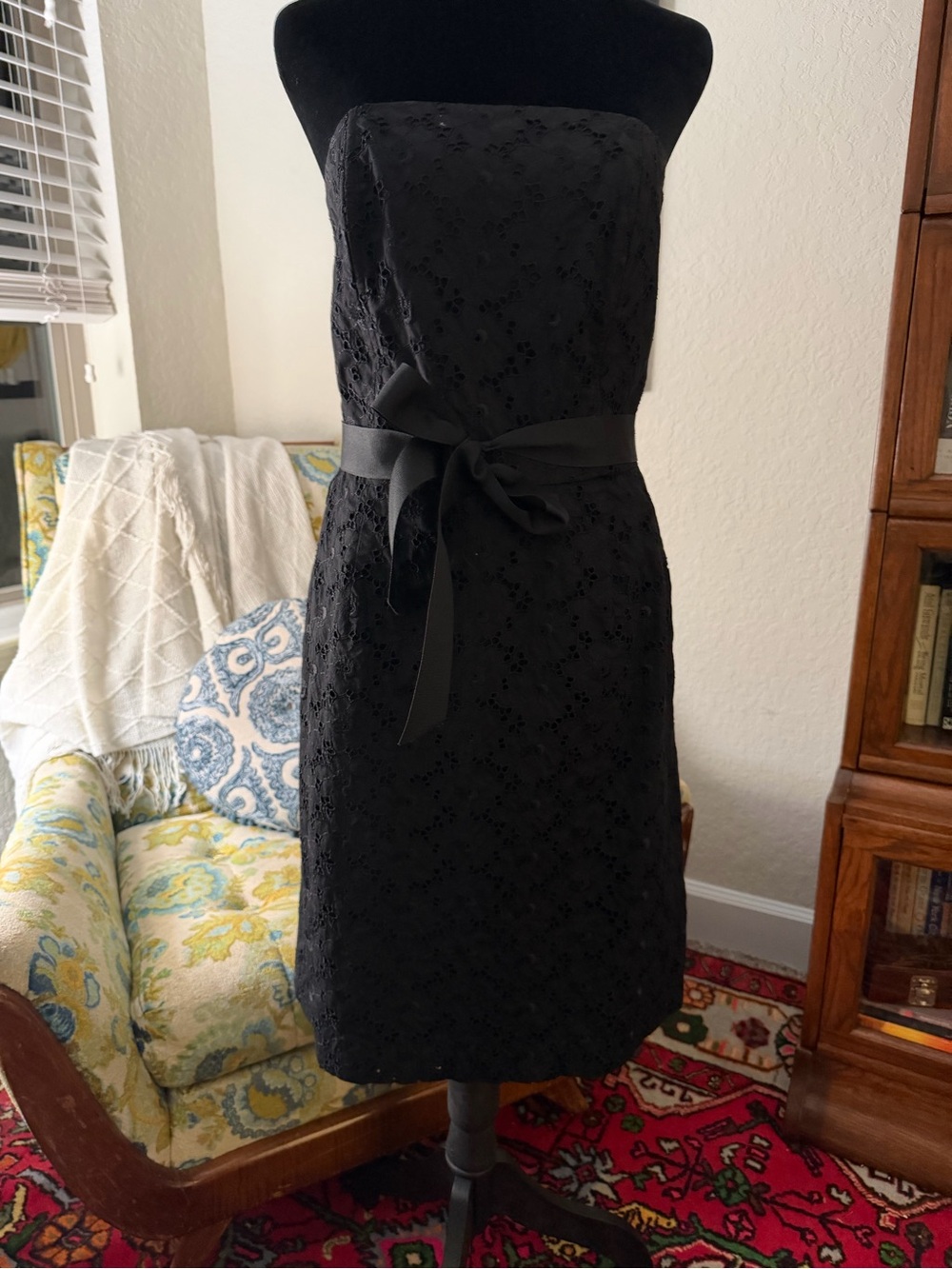Spenser Jeremy Black Eyelet Strapless Cotton Sheath Dress Size 10 Bow Belt